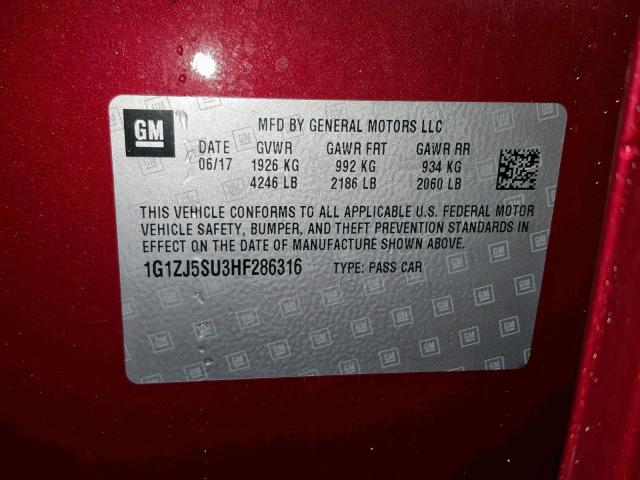 1G1ZJ5SU3HF286316 - 2017 CHEVROLET MALIBU HYB RED photo 10