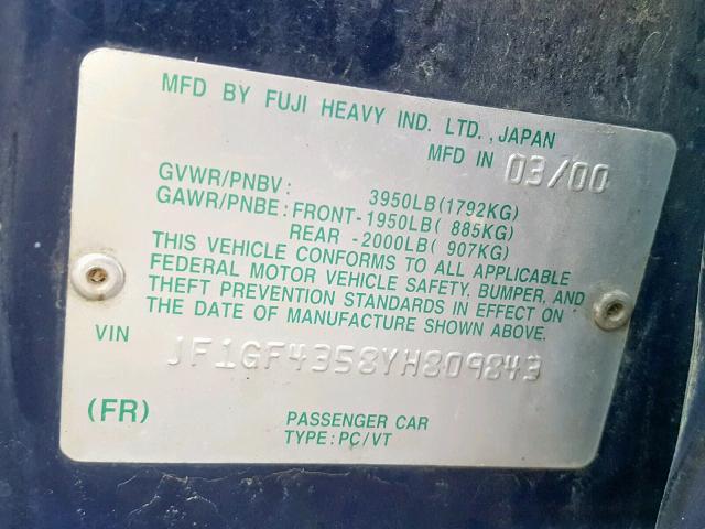 JF1GF4358YH809843 - 2000 SUBARU IMPREZA L BLUE photo 10