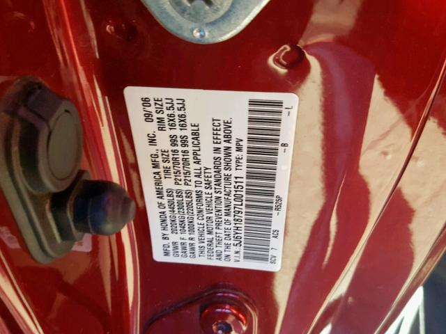 5J6YH18797L001511 - 2007 HONDA ELEMENT EX RED photo 10