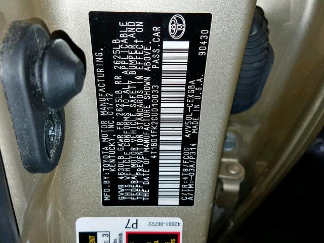 4T1BD1FK2CU010033 - 2012 TOYOTA CAMRY HYBR TAN photo 10