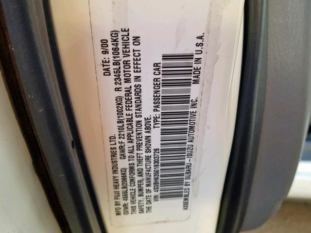 4S3BH635016303726 - 2001 SUBARU LEGACY L WHITE photo 10