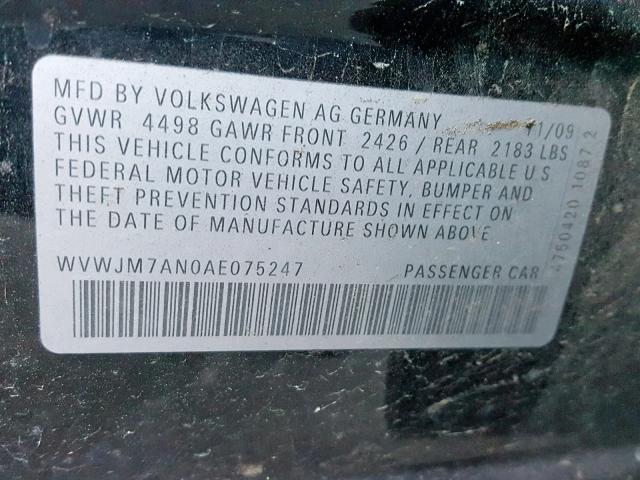 WVWJM7AN0AE075247 - 2010 VOLKSWAGEN PASSAT KOM BLACK photo 10