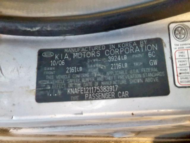 KNAFE121175383917 - 2007 KIA SPECTRA EX SILVER photo 10