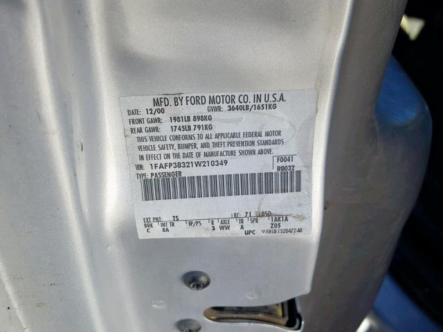 1FAFP38321W210349 - 2001 FORD FOCUS ZTS SILVER photo 10