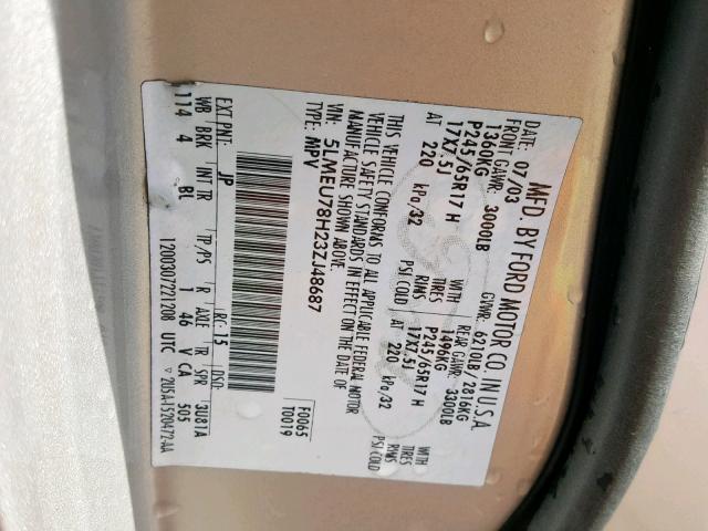 5LMEU78H23ZJ48687 - 2003 LINCOLN AVIATOR 银色 照片 10