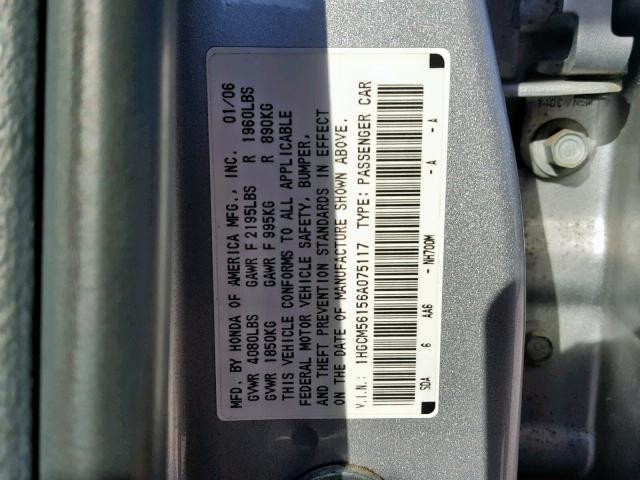 1HGCM56156A075117 - 2006 HONDA ACCORD VAL GRAY photo 10