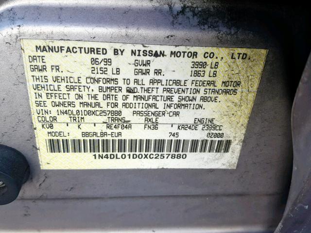 1N4DL01D0XC257880 - 1999 NISSAN ALTIMA XE GRAY photo 10