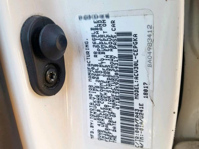 4T1BE32K92U054317 - 2002 TOYOTA CAMRY LE თეთრი ფოტო 10