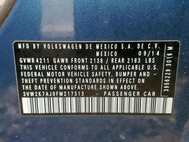 3VW2K7AJ0FM217313 - 2015 VOLKSWAGEN JETTA BASE Կապույտ լուսանկար 10