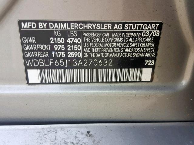 WDBUF65J13A270632 - 2003 MERCEDES-BENZ E 320 GRAY photo 10