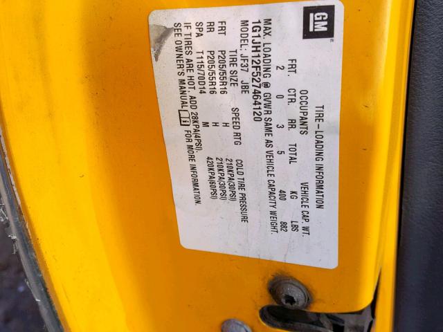 1G1JH12F527464120 - 2002 CHEVROLET CAVALIER L YELLOW photo 10