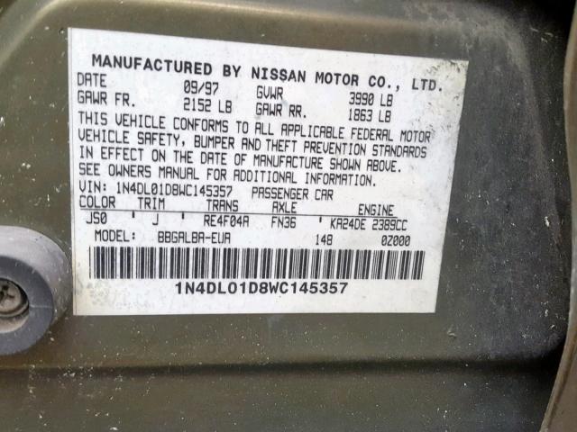 1N4DL01D8WC145357 - 1998 NISSAN ALTIMA XE GREEN photo 10