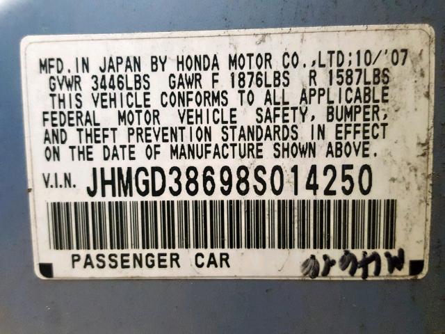 JHMGD38698S014250 - 2008 HONDA FIT SPORT BLUE photo 10