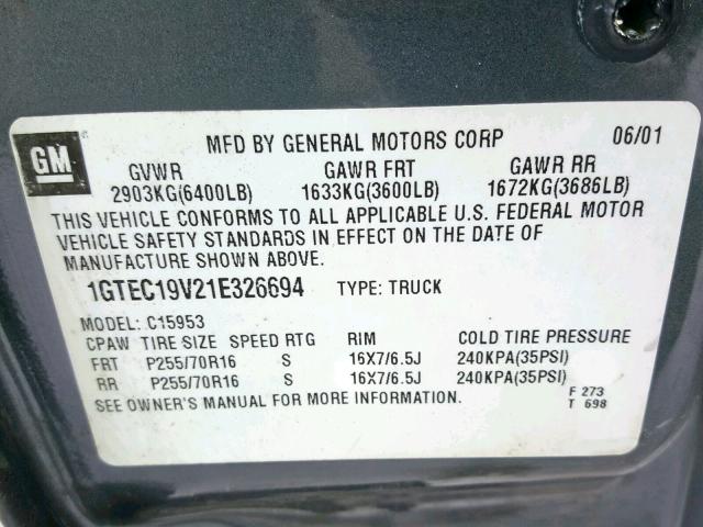 1GTEC19V21E326694 - 2001 GMC NEW SIERRA GRAY photo 10