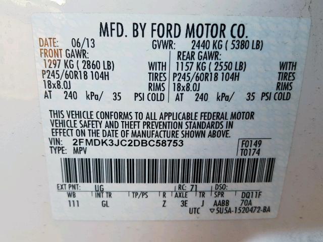 2FMDK3JC2DBC58753 - 2013 FORD EDGE SEL WHITE photo 10