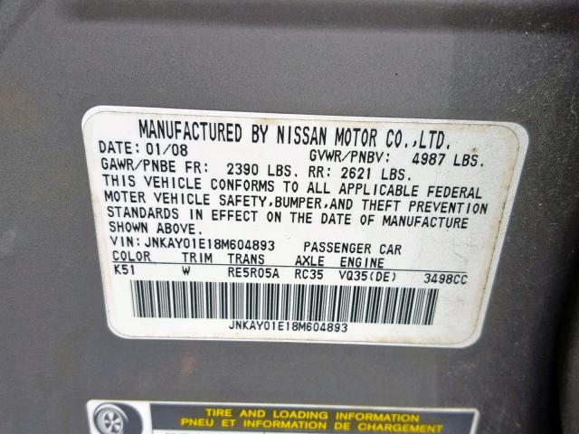 JNKAY01E18M604893 - 2008 INFINITI M35 BASE GRAY photo 10