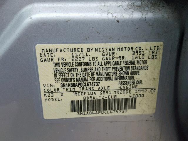 3N1AB6AP0CL674737 - 2012 NISSAN SENTRA 2.0 SILVER photo 10