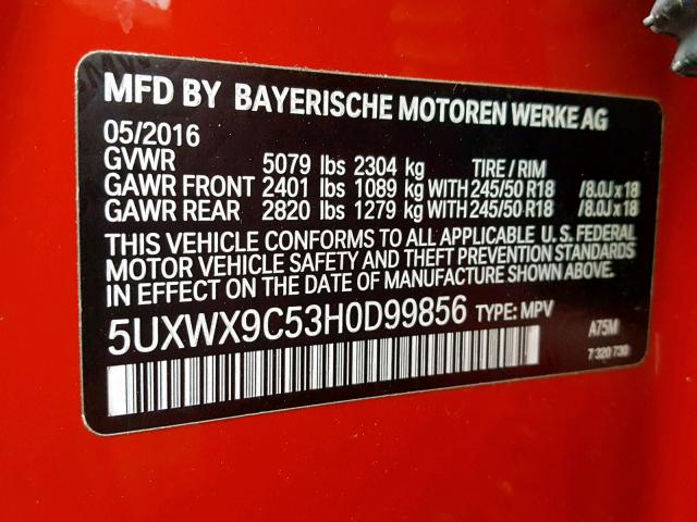5UXWX9C53H0D99856 - 2017 BMW X3 XDRIVE2 RED photo 10