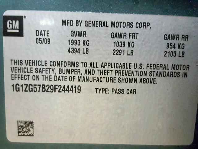 1G1ZG57B29F244419 - 2009 CHEVROLET MALIBU LS TURQUOISE photo 10