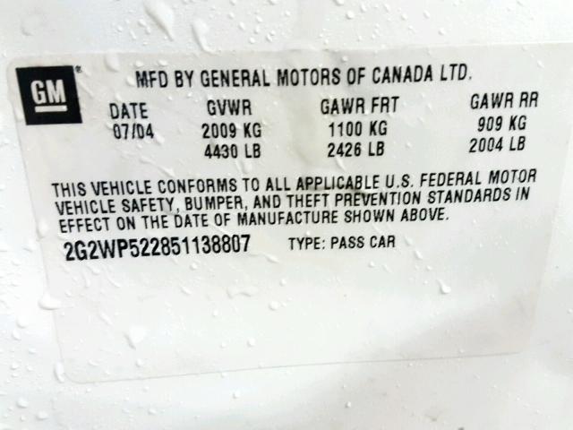 2G2WP522851138807 - 2005 PONTIAC GRAND PRIX WHITE photo 10