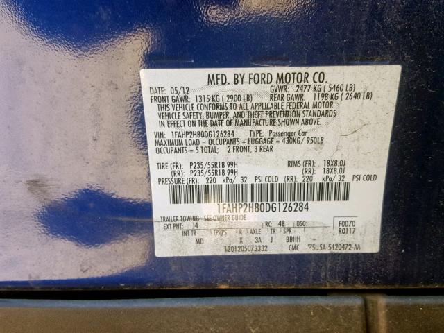 1FAHP2H80DG126284 - 2013 FORD TAURUS SEL BLUE photo 10