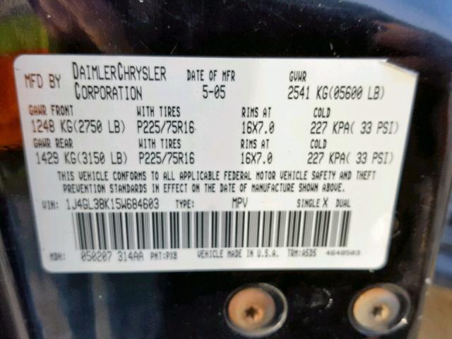 1J4GL38K15W684603 - 2005 JEEP LIBERTY RE BLACK photo 10