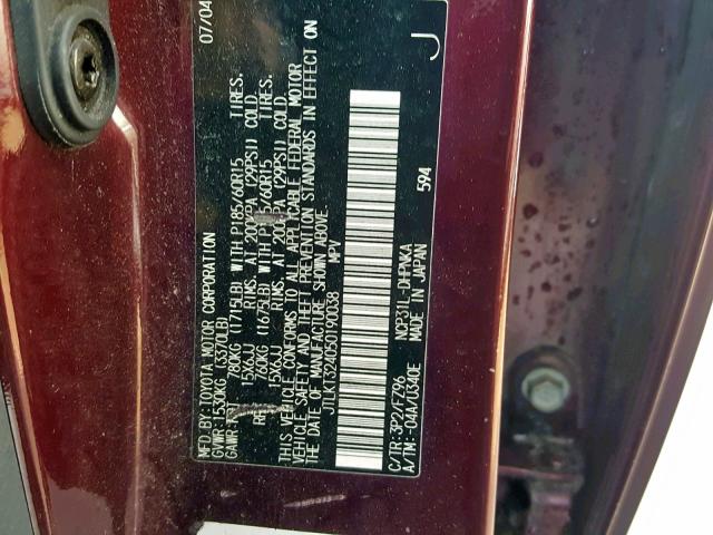 JTLKT324050190038 - 2005 TOYOTA SCION XB BURGUNDY photo 10