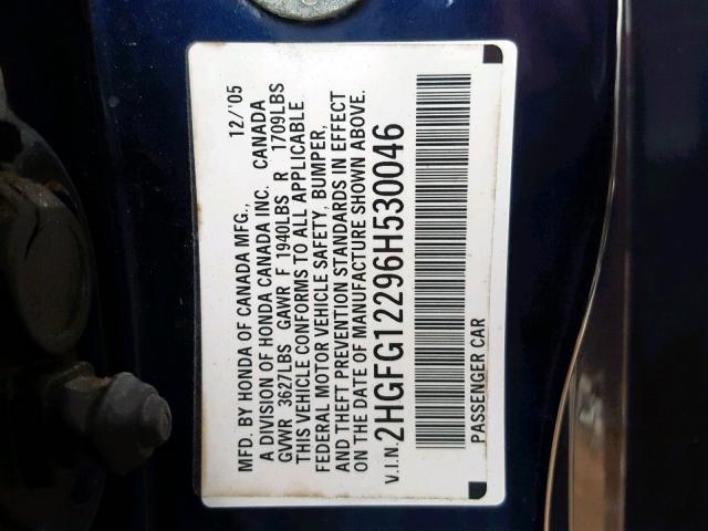 2HGFG12296H530046 - 2006 HONDA CIVIC DX BLUE photo 10