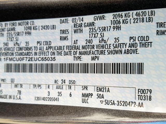 1FMCU0F72EUC65035 - 2014 FORD ESCAPE S CHARCOAL photo 10