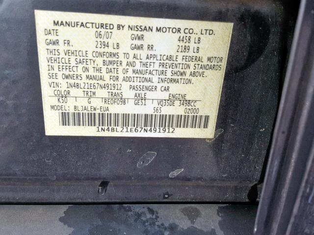 1N4BL21E67N491912 - 2007 NISSAN ALTIMA 3.5 GRAY photo 10