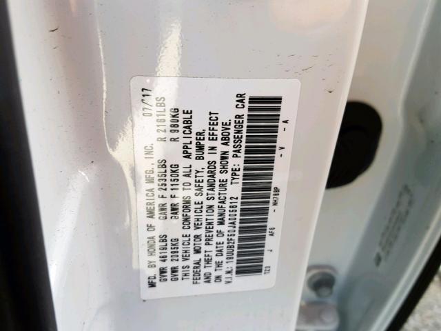 19UUB2F50JA005612 - 2018 ACURA TLX TECH WHITE photo 10