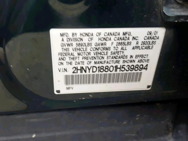 2HNYD18801H539894 - 2001 ACURA MDX TOURIN GREEN photo 10