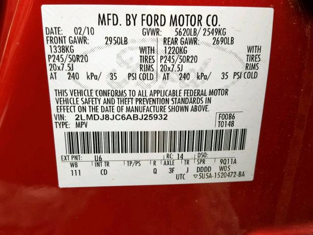 2LMDJ8JC6ABJ25932 - 2010 LINCOLN MKX RED photo 10