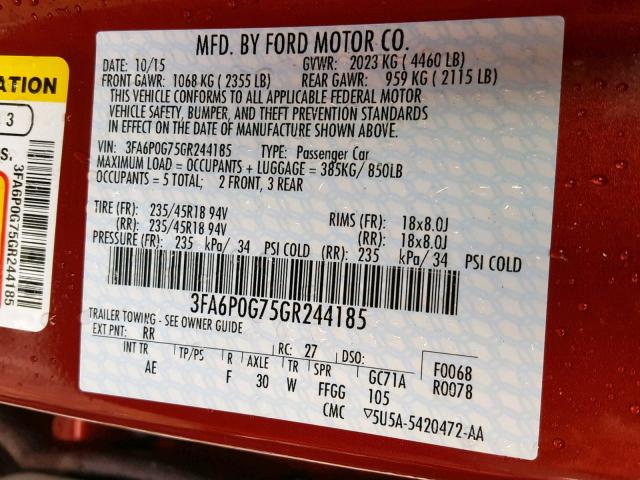 3FA6P0G75GR244185 - 2016 FORD FUSION S RED photo 10
