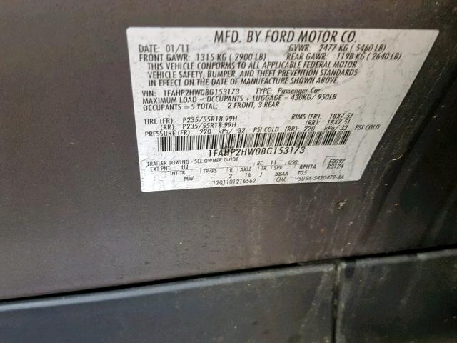 1FAHP2HW0BG153173 - 2011 FORD TAURUS SEL GRAY photo 10