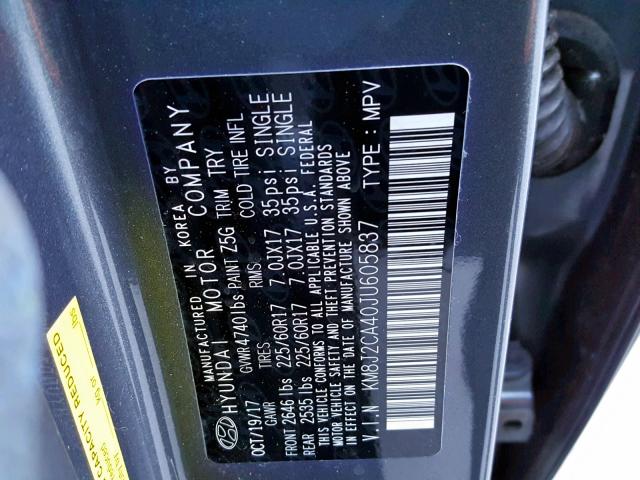 KM8J2CA40JU605837 - 2018 HYUNDAI TUCSON SE GRAY photo 10