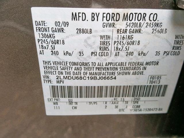 2LMDU68C19BJ06654 - 2009 LINCOLN MKX GRAY photo 10