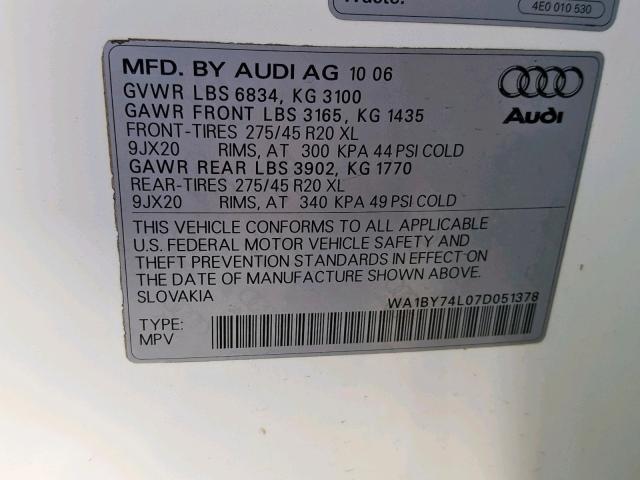 WA1BY74L07D051378 - 2007 AUDI Q7 3.6 QUA WHITE photo 10