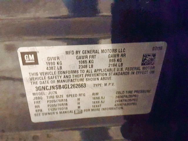 3GNCJNSB4GL262663 - 2016 CHEVROLET TRAX LS GRAY photo 10