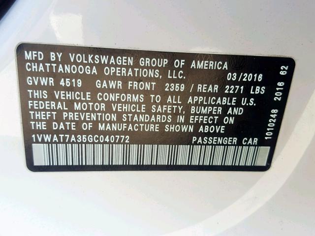 1VWAT7A35GC040772 - 2016 VOLKSWAGEN PASSAT S WHITE photo 10