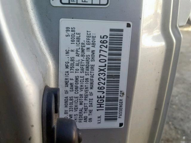 1HGEJ6223XL077265 - 1999 HONDA CIVIC DX SILVER photo 10