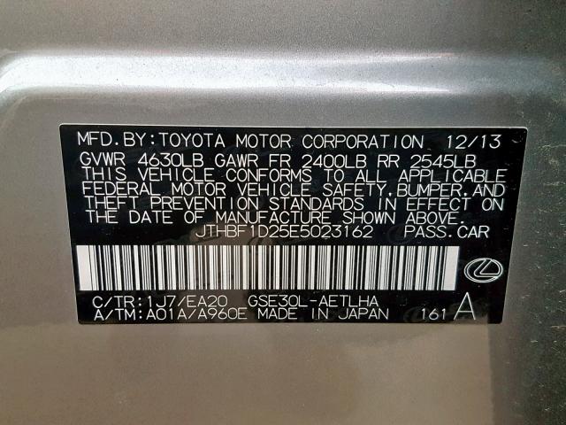 JTHBF1D25E5023162 - 2014 LEXUS IS 250 SILVER photo 10