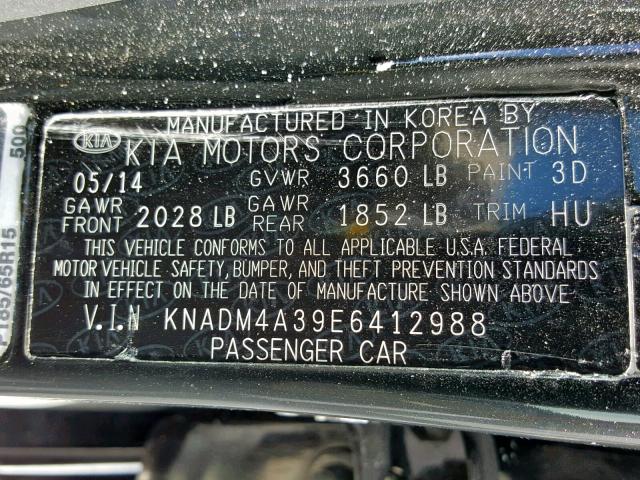 KNADM4A39E6412988 - 2014 KIA RIO LX BLACK photo 10