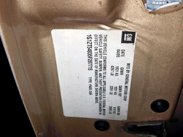 1G1ZT54835F287715 - 2005 CHEVROLET MALIBU LS GOLD photo 10