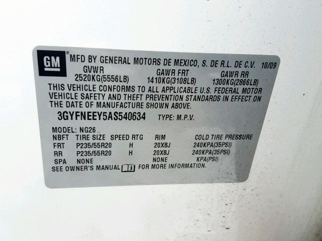 3GYFNEEY5AS540634 - 2010 CADILLAC SRX PERFOR WHITE photo 10