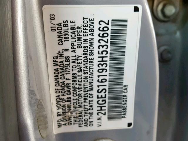 2HGES16193H532662 - 2003 HONDA CIVIC DX SILVER photo 10