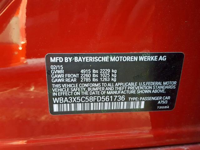 WBA3X5C58FD561736 - 2015 BMW 328 XIGT RED photo 10