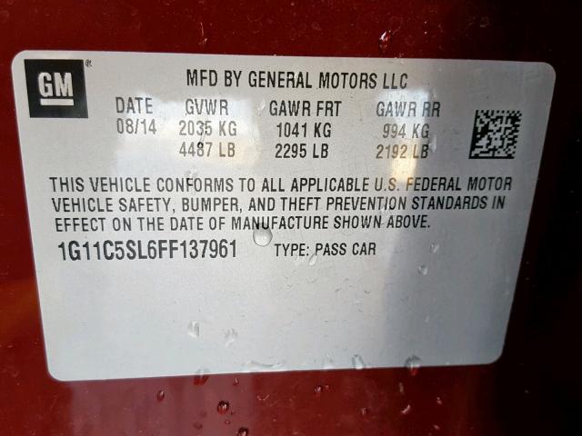 1G11C5SL6FF137961 - 2015 CHEVROLET MALIBU 1LT BURGUNDY photo 10