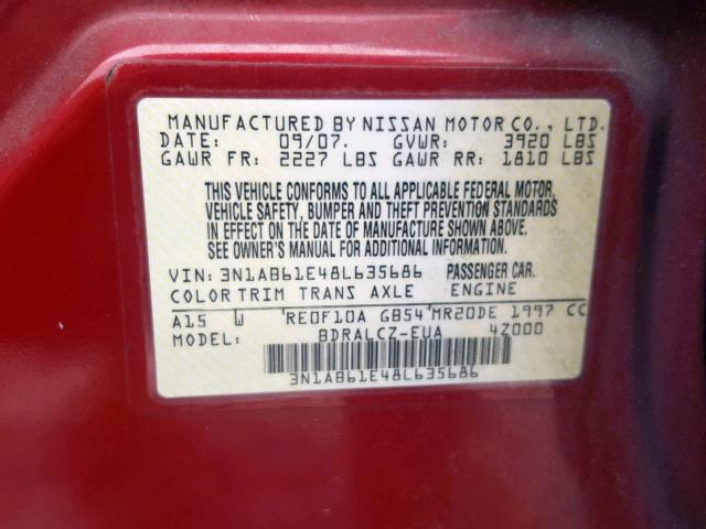 3N1AB61E48L635686 - 2008 NISSAN SENTRA 2.0 BURGUNDY photo 10