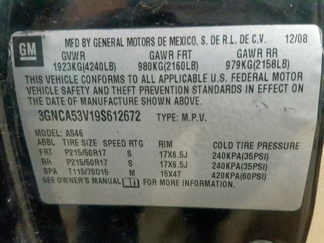 3GNCA53V19S612672 - 2009 CHEVROLET HHR LT BLACK photo 10